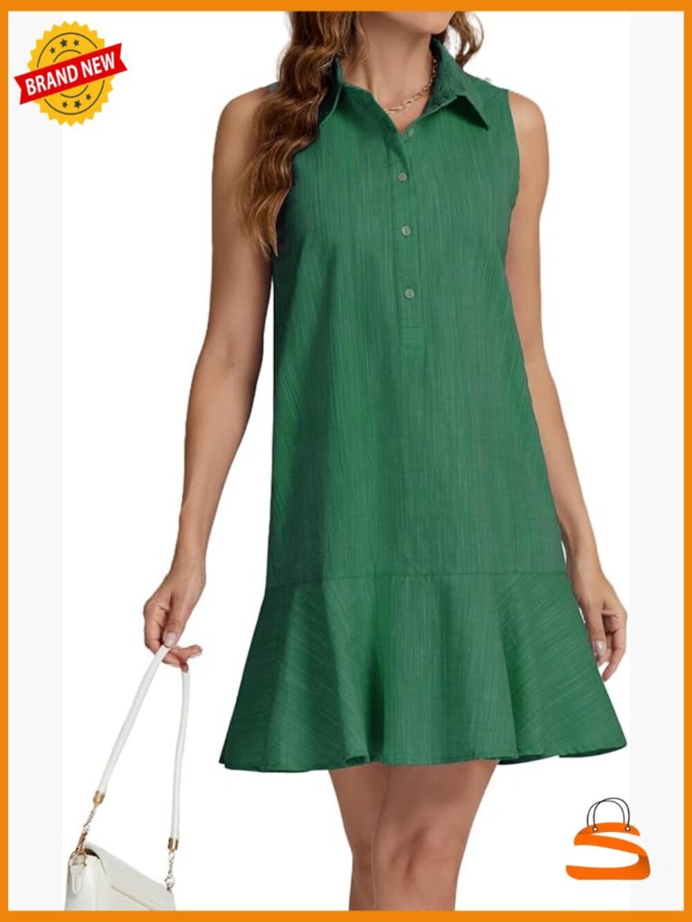 Sleeveless Button Down Swing Mini Shirt Dress Cotton Linen Ruffle Hem